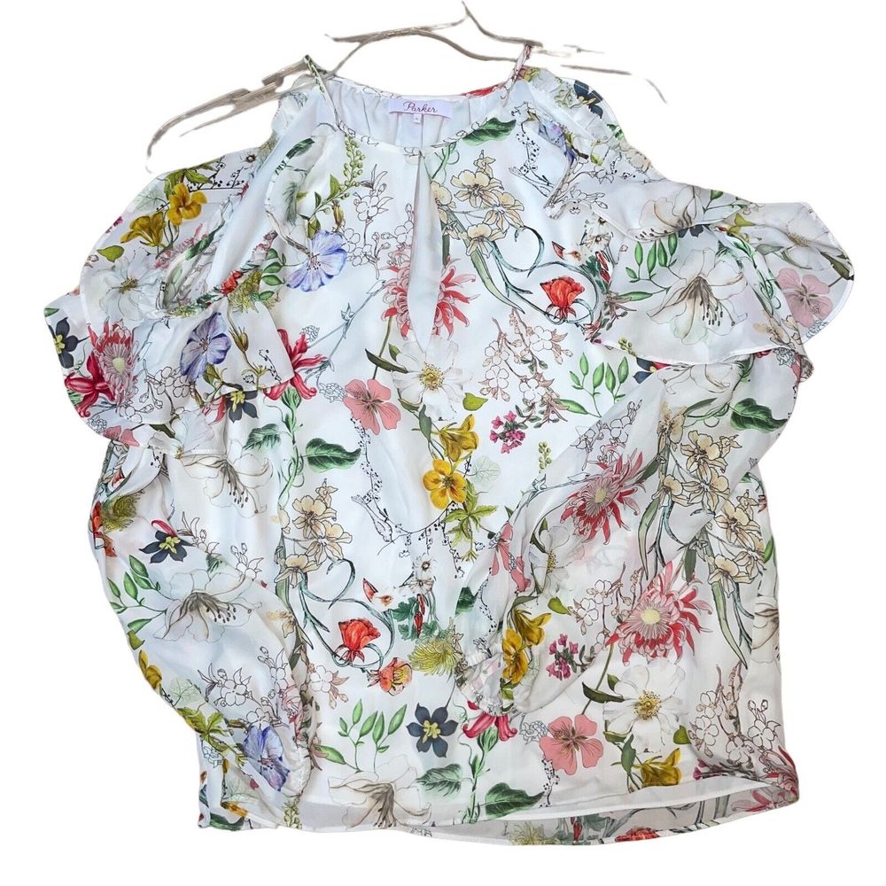 Parker S Floral Cold Shoulder 100% Silk Ruffle Sleeve Top - Picture 2 of 5